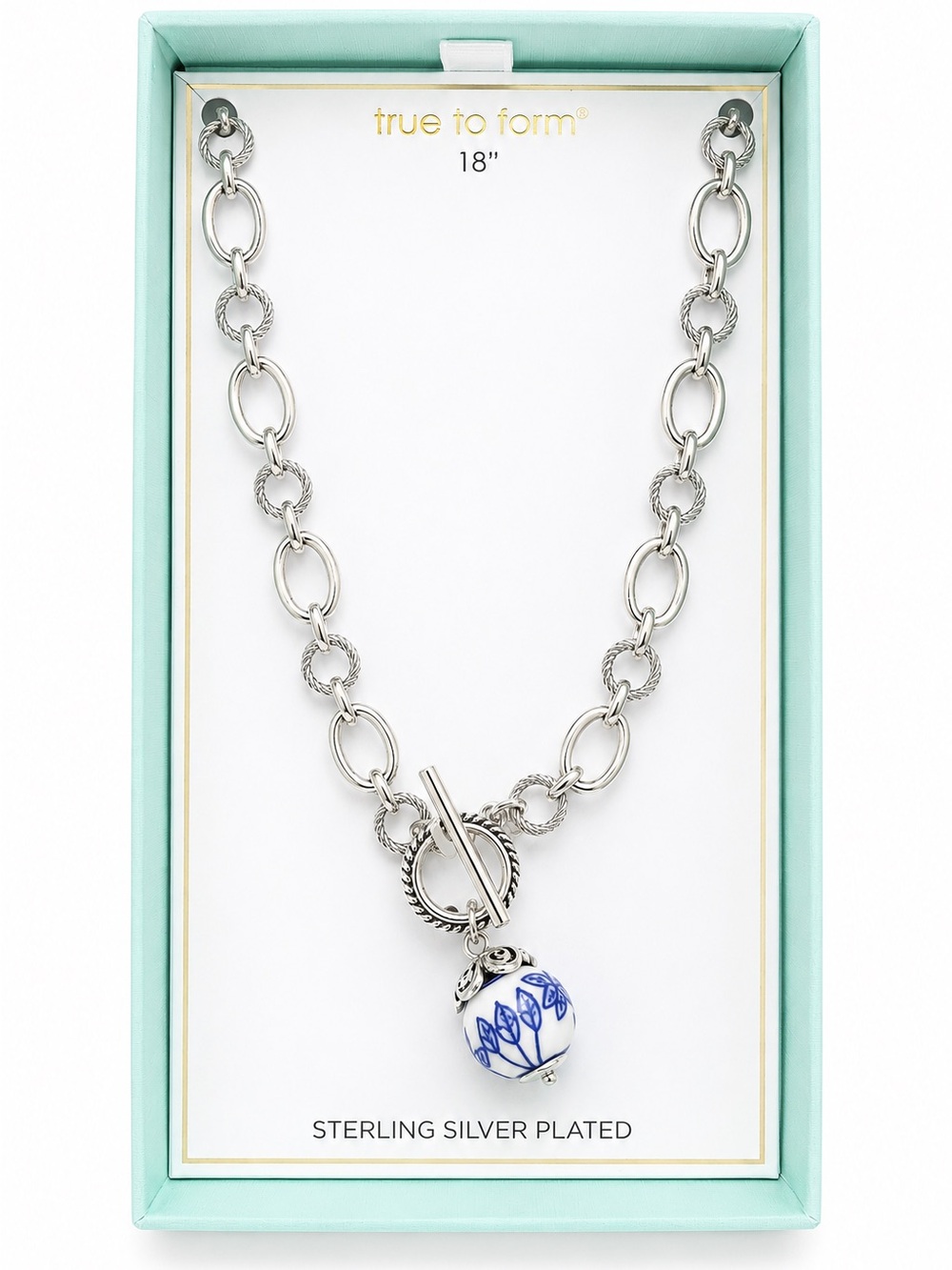 True to Form Sterling Silver-Plated Front Toggle Necklace with Blue Floral Charm